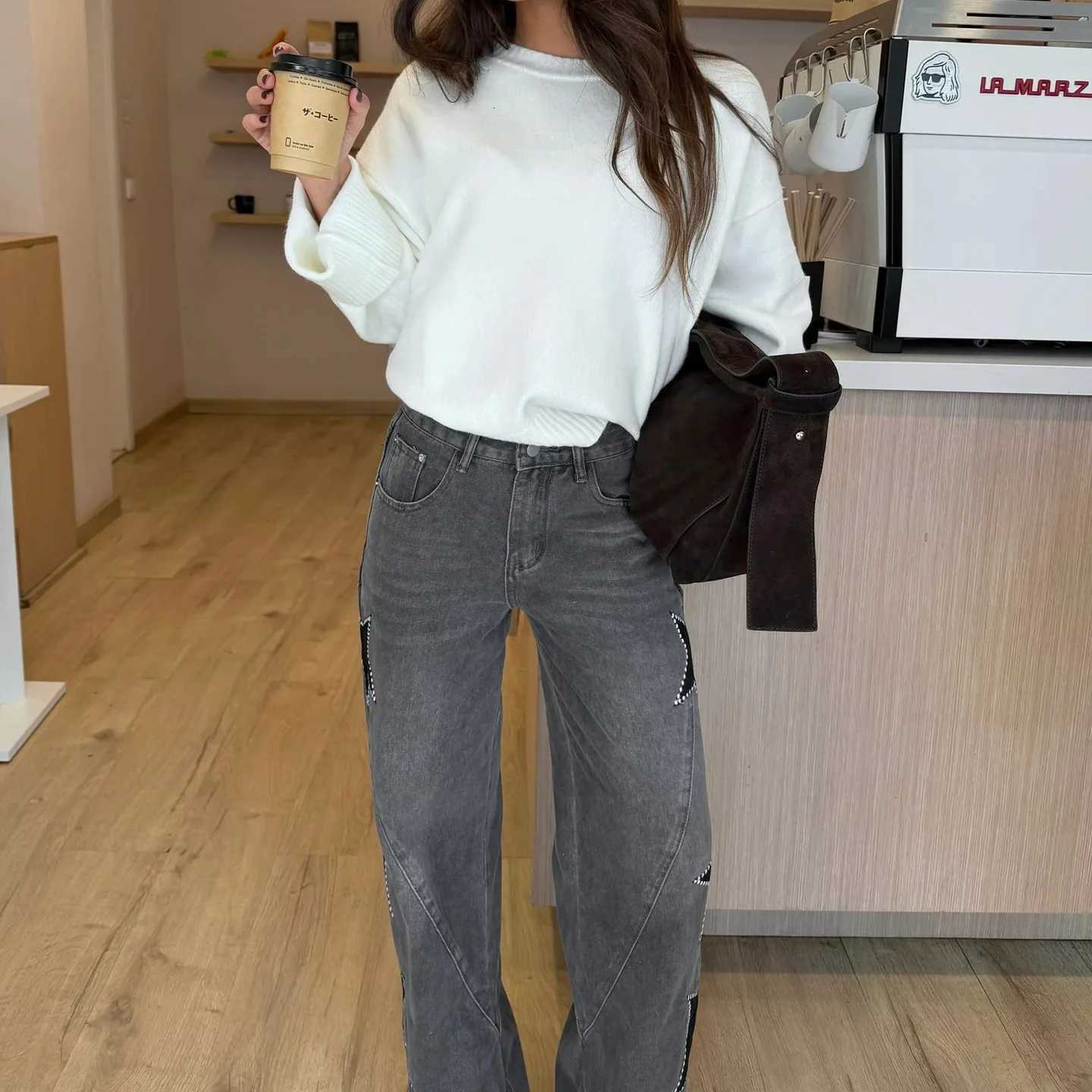 Womens New Fashion Casual Loose Straight Denim Pants with Five-Pointed Star DesignT260310