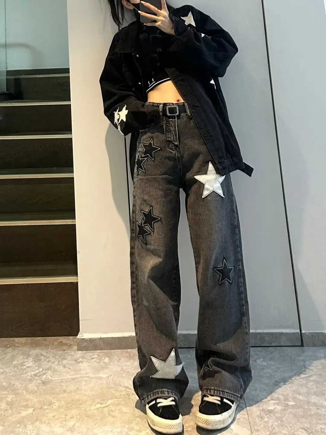Star Print High Waist Jeans American Retro High Street Straight-leg Pants Patchwork Long Trousers Y2k Fashion Streetwear Baggy M260310