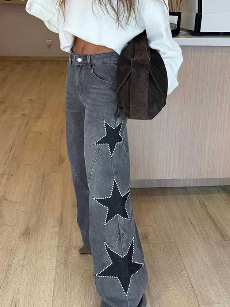 Classic Studded Denim Jeans Pant Womens Star Patchwork Baggy Pants Wide Leg Trendy Streetwear Casual Daily Female TrousersT260310