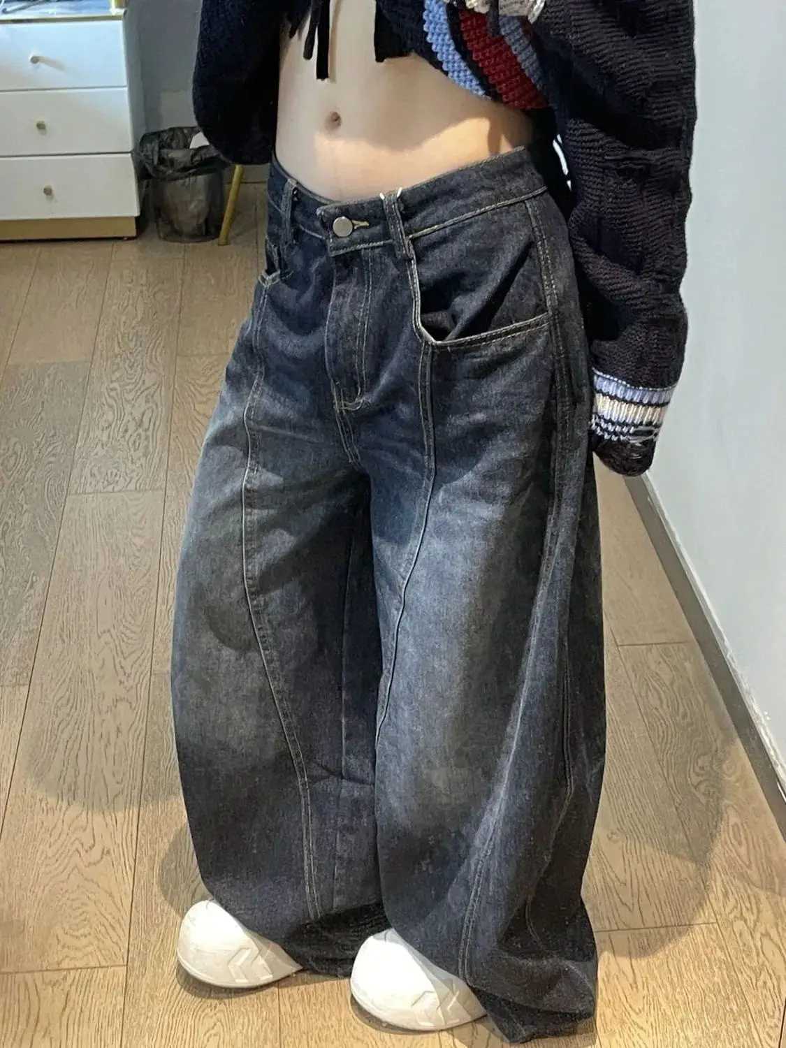 Black Womens Jeans High Waist Vintage Design Hip Hop Straight Baggy Denim Pants Street Y2K American Style Wide Leg Denim Trouser M260310