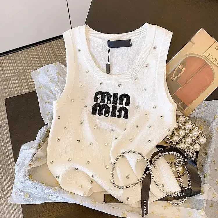 New Versatile Slim Fit Sling Top for Women Rhinestone Letter Embroidery, Premium Summer Knit VestT260310