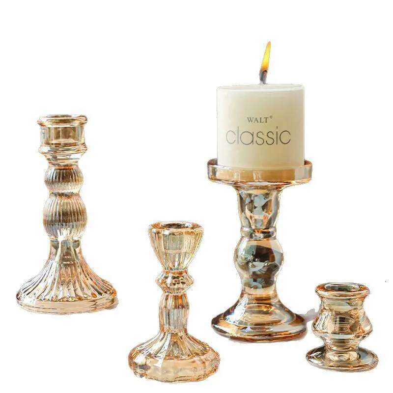European Style Glass Holders Amber/Pink Candlestick Home Decoration Ornament Candle Tray Atmosphere Props H260310