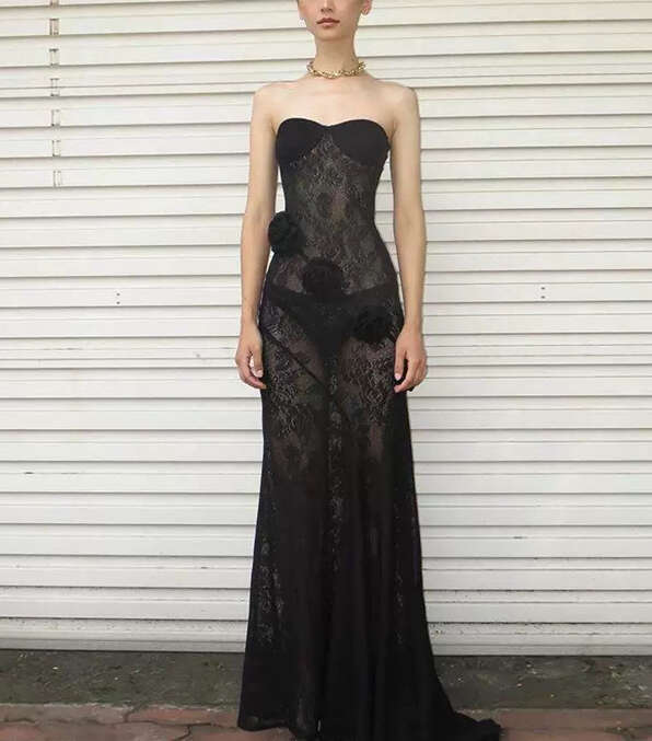 2026 new European and American fashion goddess sexy strapless semi transparent three-dimensional flower mesh long skirt