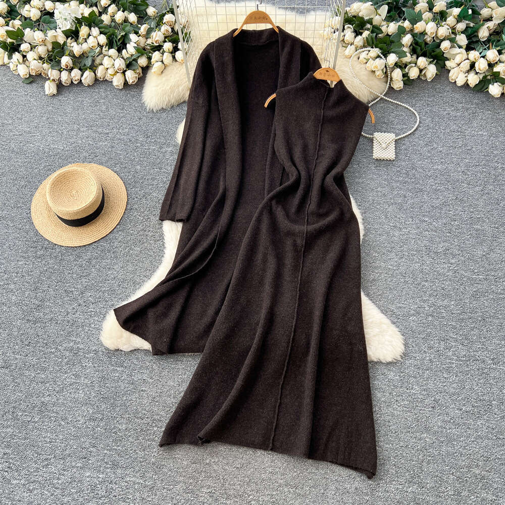 French women's autumn and winter casual fashion sleeveless waist tied knit dress paired with loose cardigan wool sweater