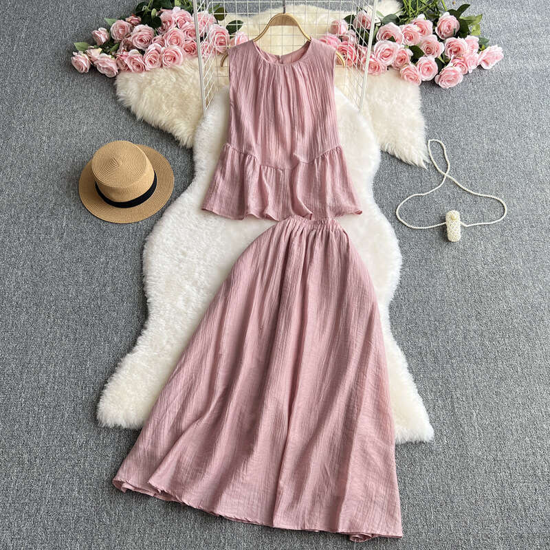 2026 Designer Gentle Style Women's Two Piece French Sweet Loose Sleeveless Top High Waist Slimming Trumpet Skirt