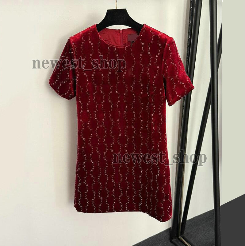 Womens Casual Dresses 26SS designer Jacquard rhinestone velvet dress Women Double Letter print skirts Ladies Party Back deep V exposed back cloth