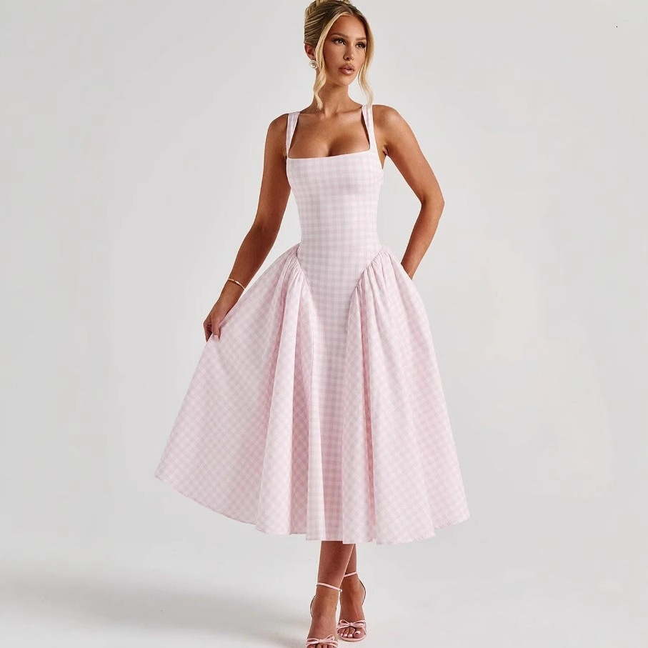 French Style Beach Vacation Swing Strap Long Dress for Women Summer New Fresh Plaid Square Neck Waist-Cinching Dress 230209