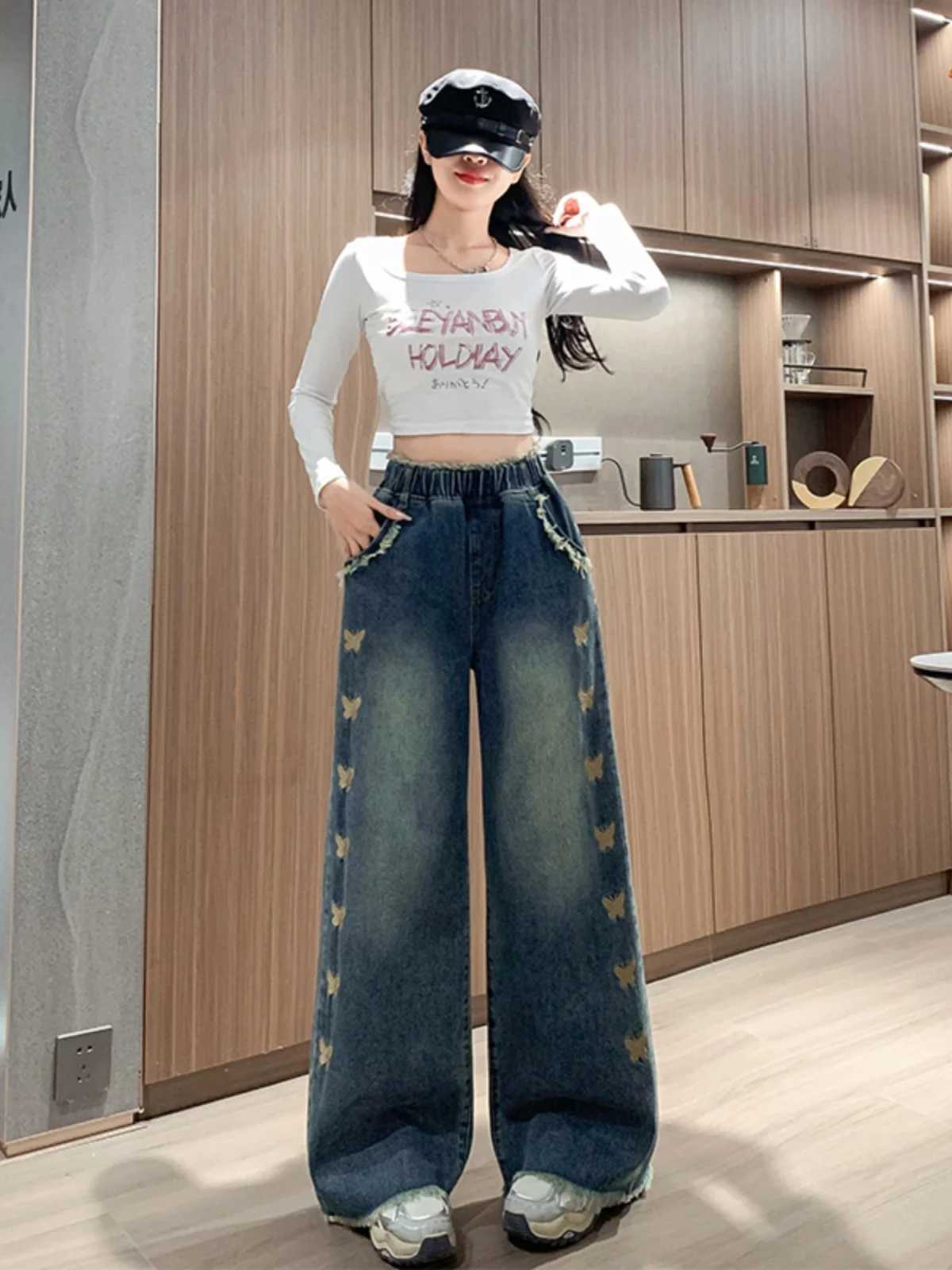 Women Plus Size L-6XL Spring New Foreign-style Embroidery Elastic Waist High Waist Floor Pants Loose Comfortable Wide-leg Jeans M260310