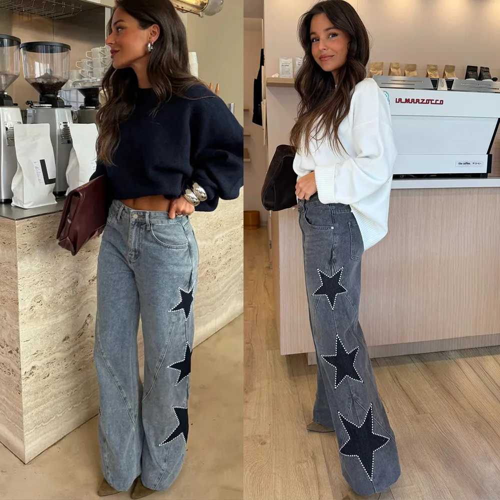 Womens New Fashion Casual Loose Straight Denim Pants with Five-Pointed Star Design M260310