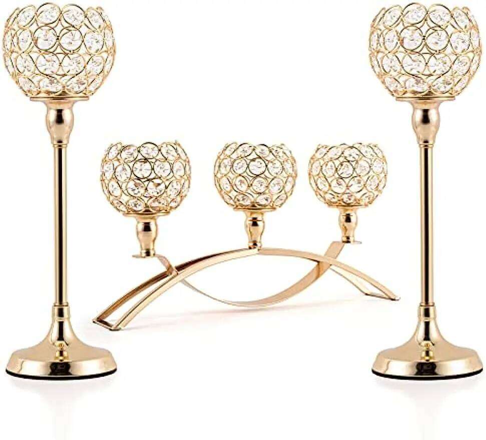 Gold Candle Holders Table Centerpieces,Tealight Candlestick, Candelabra Stand, 3 Arms for Living Room, Wedding Decor H260310