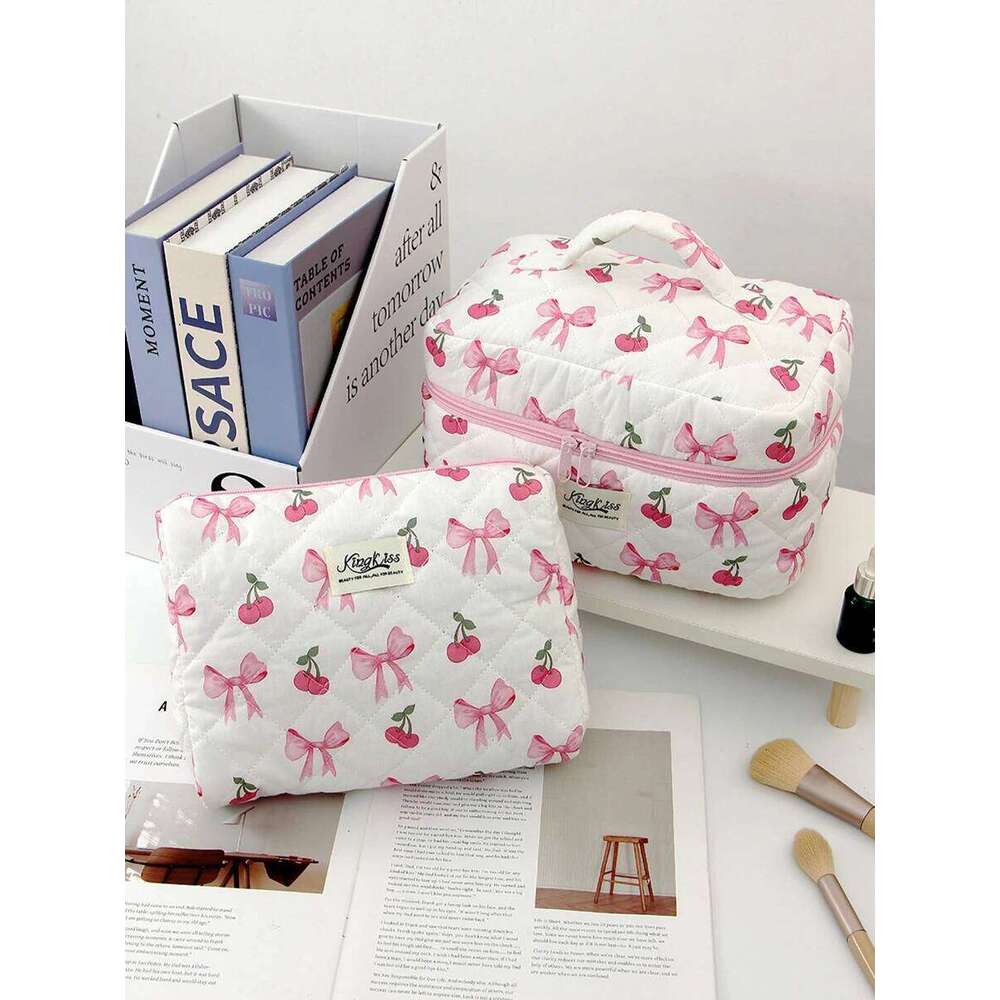 1pc/set Cherry Bow Quilted Multifunctional Handheld Makeup Bag, Portable Toiletry Bag Set with Zipper XJ260310