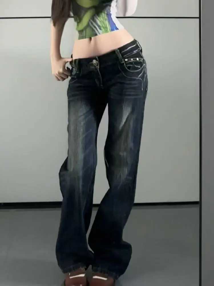 New retro high street large size butterfly embroidered women jeans Y2K Harajuku slim mid-rise micro-flared jeans M260310