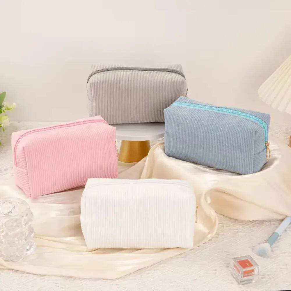 Solid Color Corduroy Makeup Bag Spacious Waterproof-Lined Pouch, Uses for Cosmetics, Skincare & On-the-Go Kits XJ260310