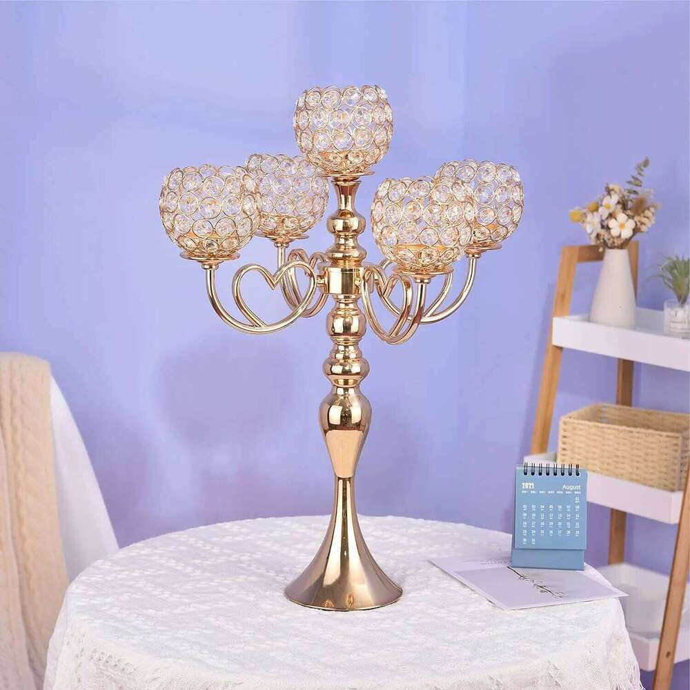 Crystal Metal 5-Arms Candelabra Candle Holders for Dining Room Table Centerpieces Wedding Party Holiday Home Decoration H260310