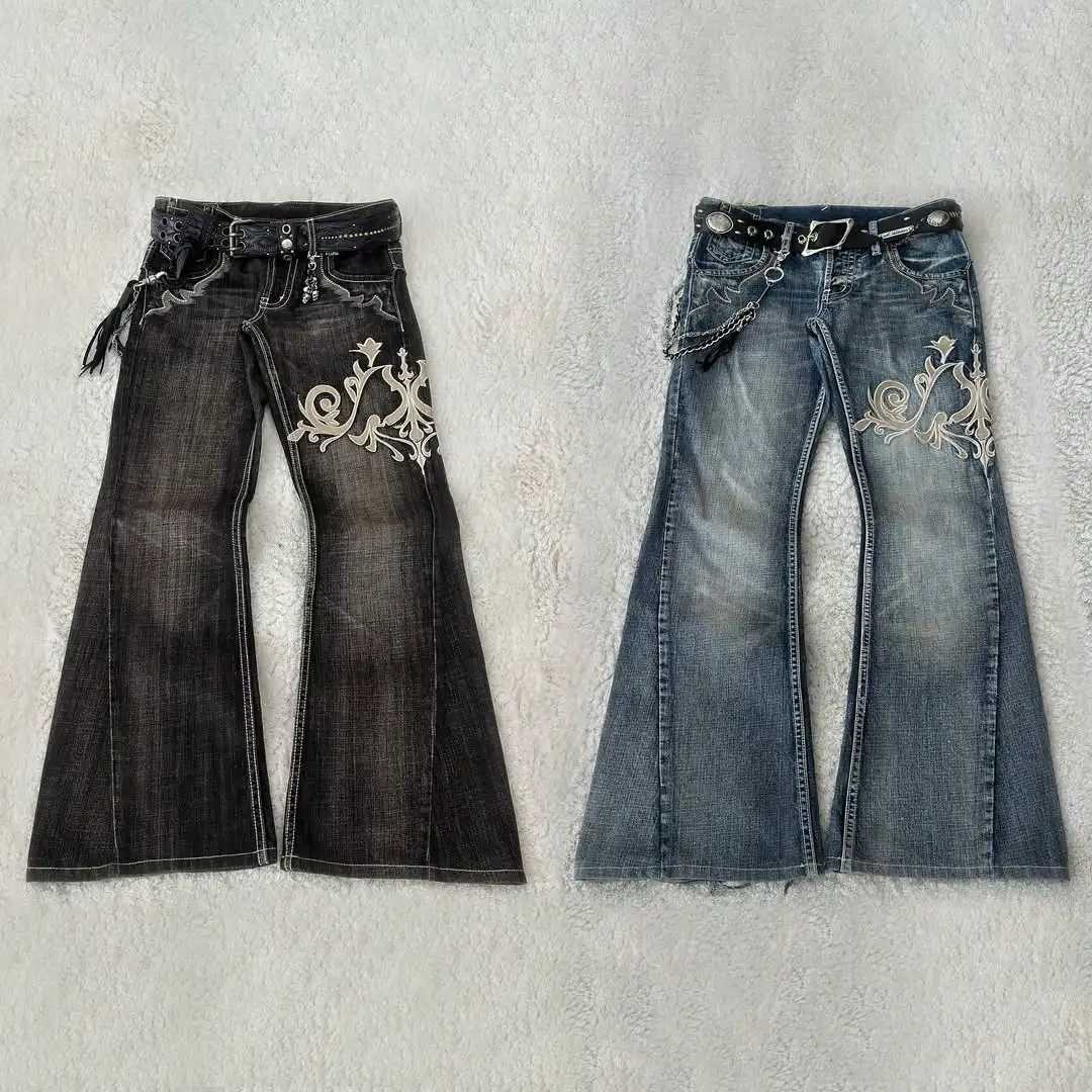 Y2K new American retro embroidery pattern women horn -shaped jeans street fashion Gothic slim mop pants women jeans M260310