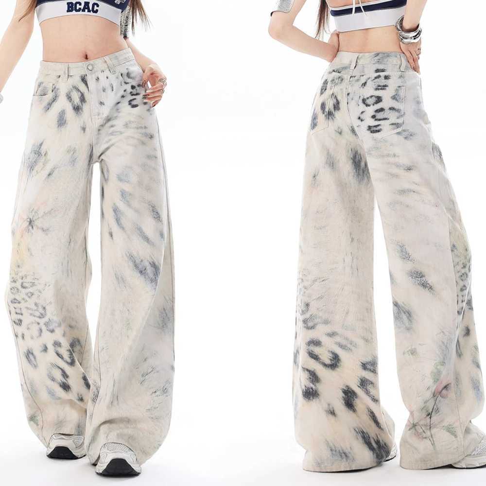 Fashion Leopard Print Jeans Women Streetwear Vintage Hippie Wide Leg Pants Female Casual Baggy Straight High Waist Jeans M260310