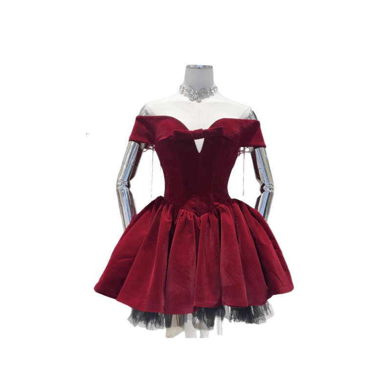 2026 new women's niche celebrity style sweet and spicy sexy strapless off shoulder dress with Christmas atmosphere and fluffy waistband design