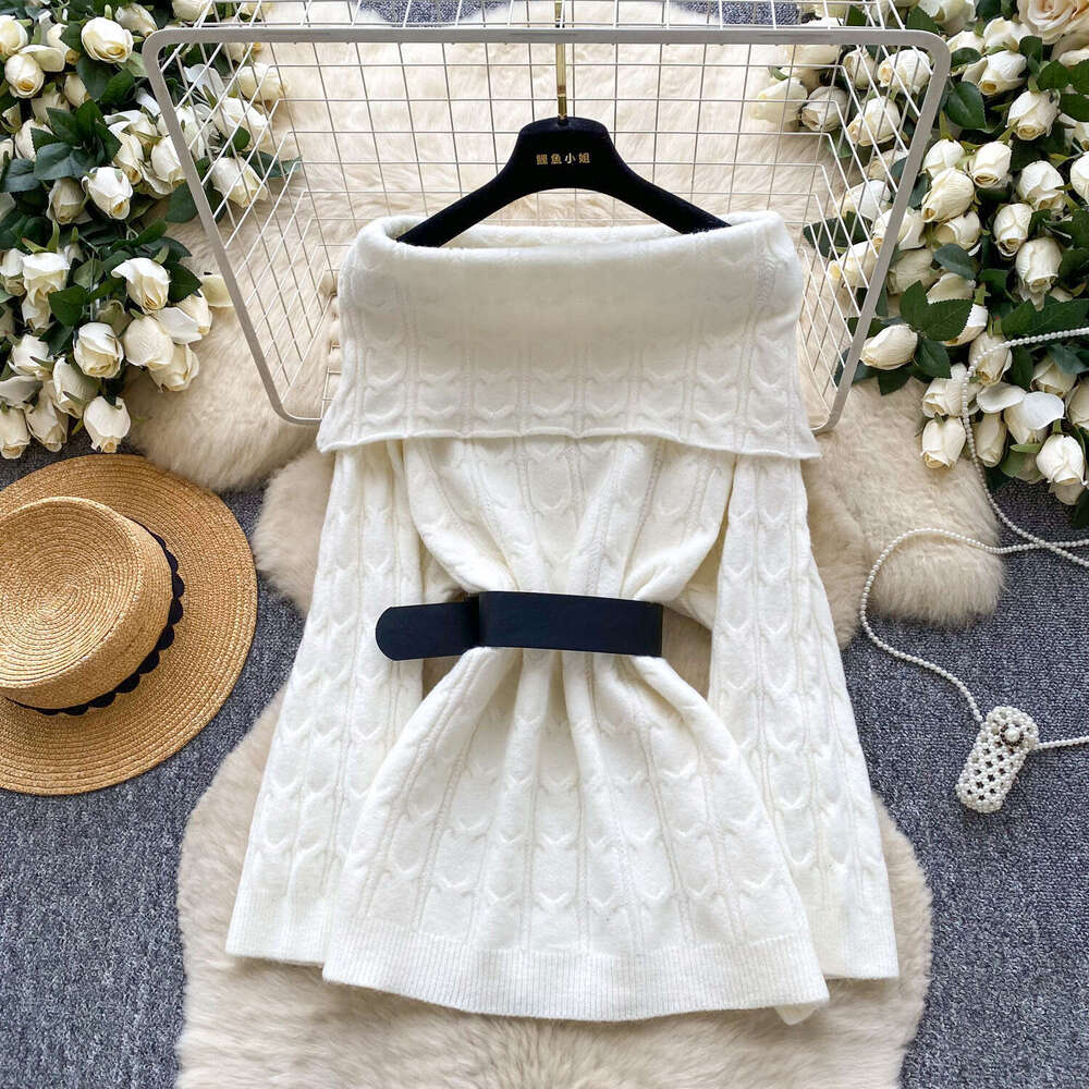 Casual style off shoulder knitted women's top 2026 autumn and winter fashion lace up waist multifunctional mid length design
