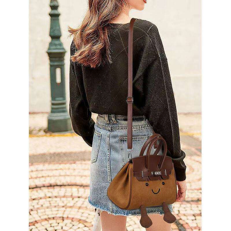 Korean style retro matte brown handbag women ins cute smiley face cartoon crossbody bag for girls