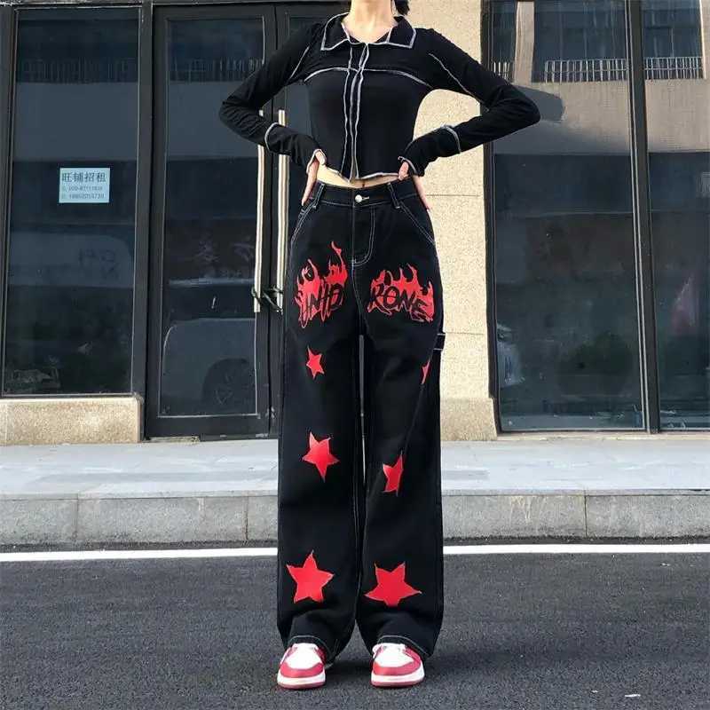 Hip Hop Vintage Women Black Red Jeans Streetwear Fashion Pants Star Painted High Waist Wide Leg Straight Casual Loose TrousersT260310
