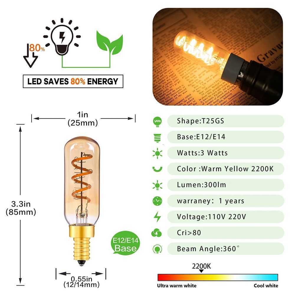 Tubular Retro Night Bulb E14 E12 220V 110V Dimmable 3W 2200K Soft Filament Living Room Table Light Chandelier Replaceable Bulbs H260310
