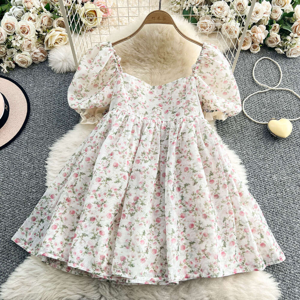 First Love Sweet Flower Square Neck Women's Bubble Sleeve Summer Waist Slimming Fluffy Big Bottom Dress 2026