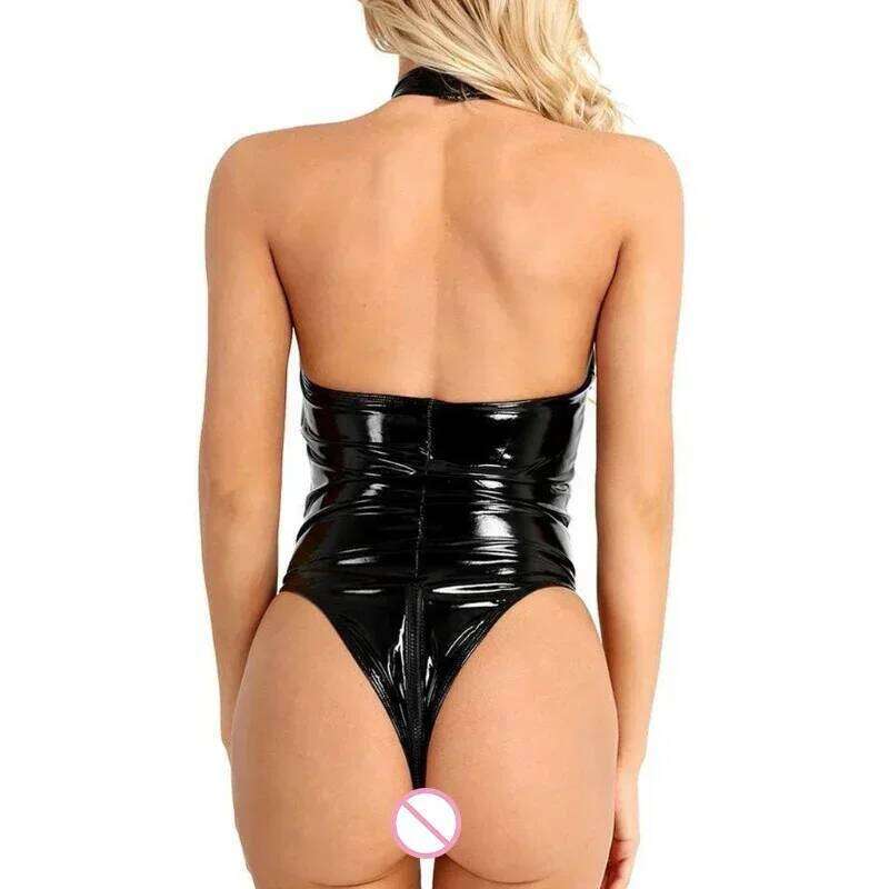 Black PU Latex Leather Backless Zipper Crotch Bodysuit for Women Sexy Lingerie Underwear Erotic Teddies Porn Exotic Costumes 26L0310