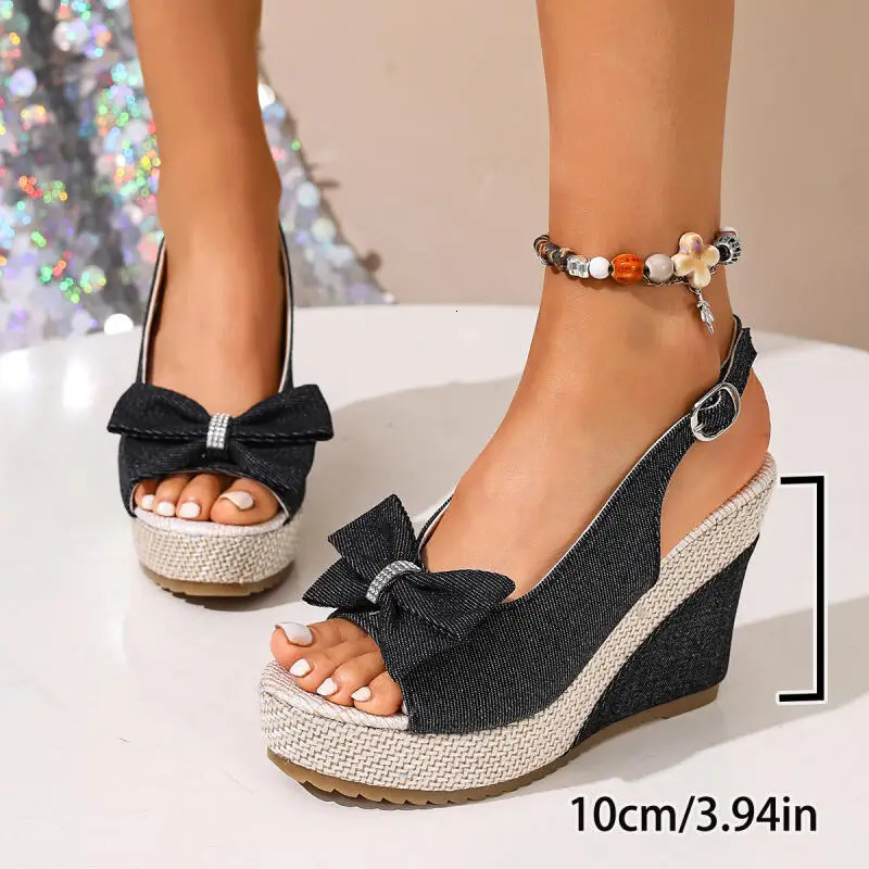 Sweet Bowknot Wedge Heel Peep Toe Sandals Women Summer Vintage Thick Bottom Denim Back Strap Sandals Womans Slingback Pumps 90S 260307