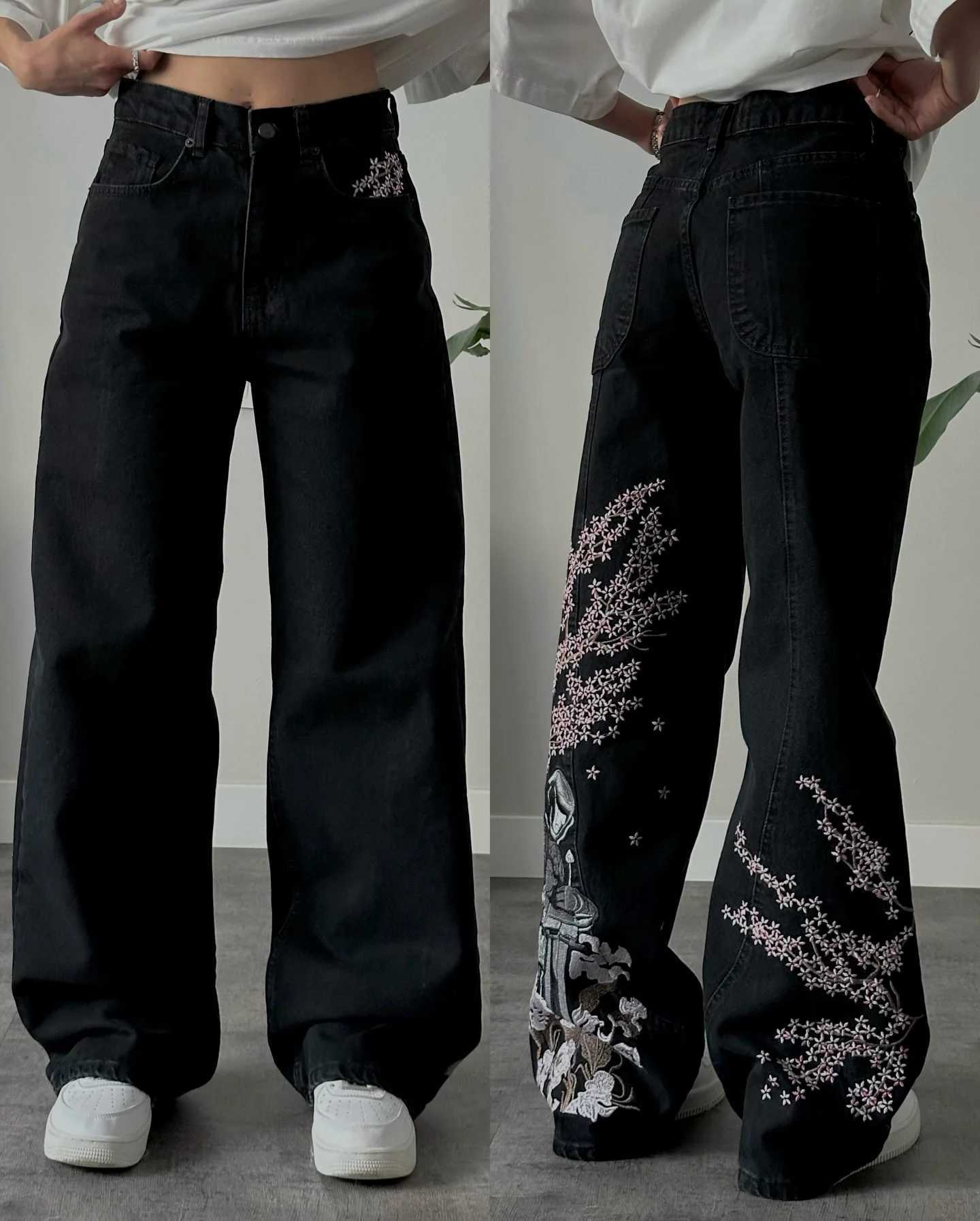 Women Retro Cherry Blossom Knight Embroidery Jeans Y2k Retro Baggy Black Straight Denim Pants Street Wash High Waist Jean Men M260310