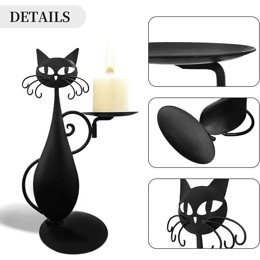 Vintage Black Cat Metal Candlestick Holder for Cylindrical or LED Flameless Candle Home Table Decoration Halloween Party Decor H260310