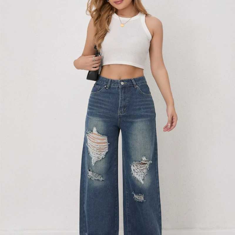 Autumn and Winter Trendy High-waisted Ripped Loose Wide-leg Straight-leg Jeans for Women Casual Fashionable and Versatile M260310