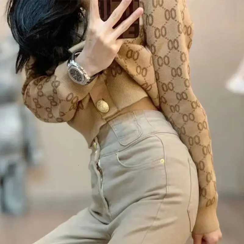 Fashion Printed Short Sweater Jacket for Women Spring Autumn Temperament Elegant Waist-cinching Knit Top Fashion Women ClothingT260310