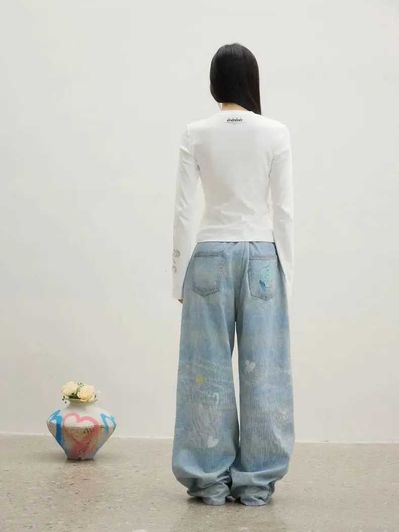 Y2K Vintage Washed Baggy Wide Leg Jeans Women Hand-painted Dalmatian Dog Print Mid Waist Casual Streetwear Denim Pants M260310