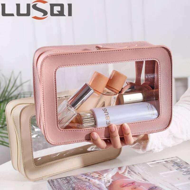 LUSQI Minimalist Transparent PVC Waterproof Cosmetic Leather Makeup Travel Portable Toiletry Bag XJ260310