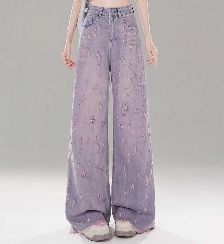 Large Size American Retro Ripped Jeans Women Spring Autumn High Waist Straight Fashion Versatile Wide Leg Floor Pants M260310