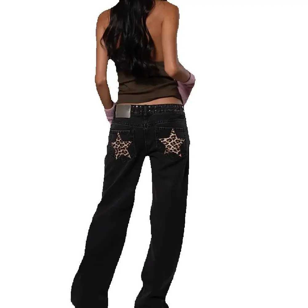 2026 Gothic Womens ONE DILEMMA Jeans Y2K Clothing Fashion Sequin Five Pointed Star Rivet Retro Jeans Mid Rise Wide Leg TrousersT260310