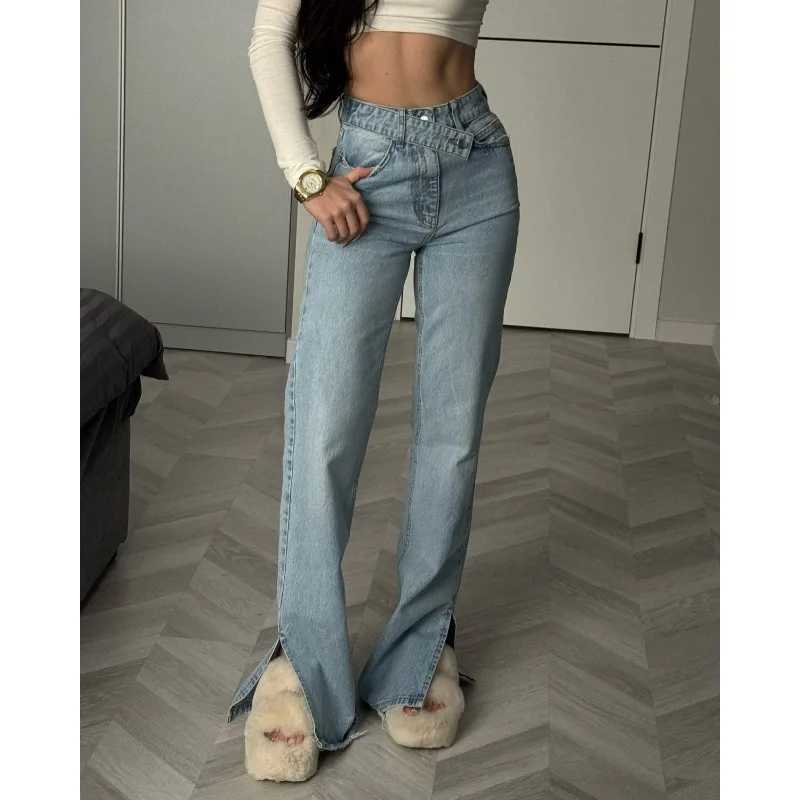 Autumn Dislocation Design High Waist Split Jeans Straight Trousers M260310
