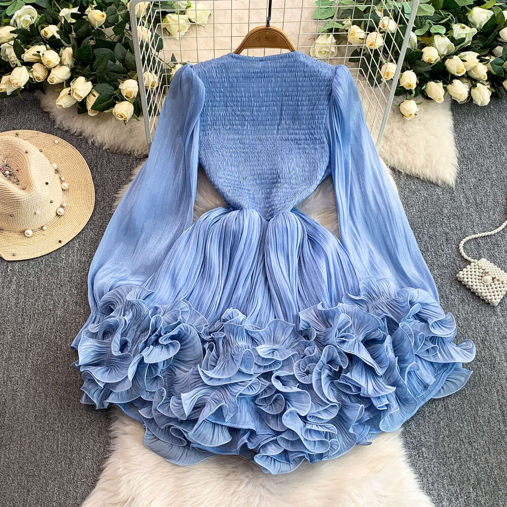 European and American internet celebrities niche high-end shiny transparent V-neck dress with exquisite fluffy 3D ruffles