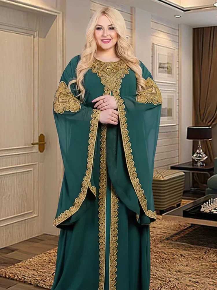 Women Abaya Party Dresses Muslim Caftan 2 Piece Set Eid Flare Slves Robe Embroidered Gold Lace Dress Suit Jalabiya Ramadan X260310