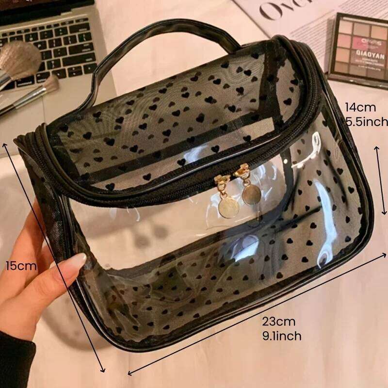 1pc Large Capacity Heart Mesh Makeup Bag Frosted Transparent Cosmetic Toiletry Organizer Travel Pouch for Office Home or Daily XJ260310