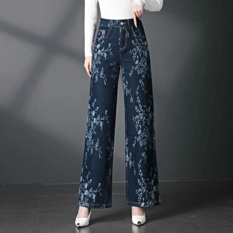 2025 Womens Autumn and Winter New Straight leg Jeans Large Jacquard Loose Elastic Wide Leg Casual Pants M260310
