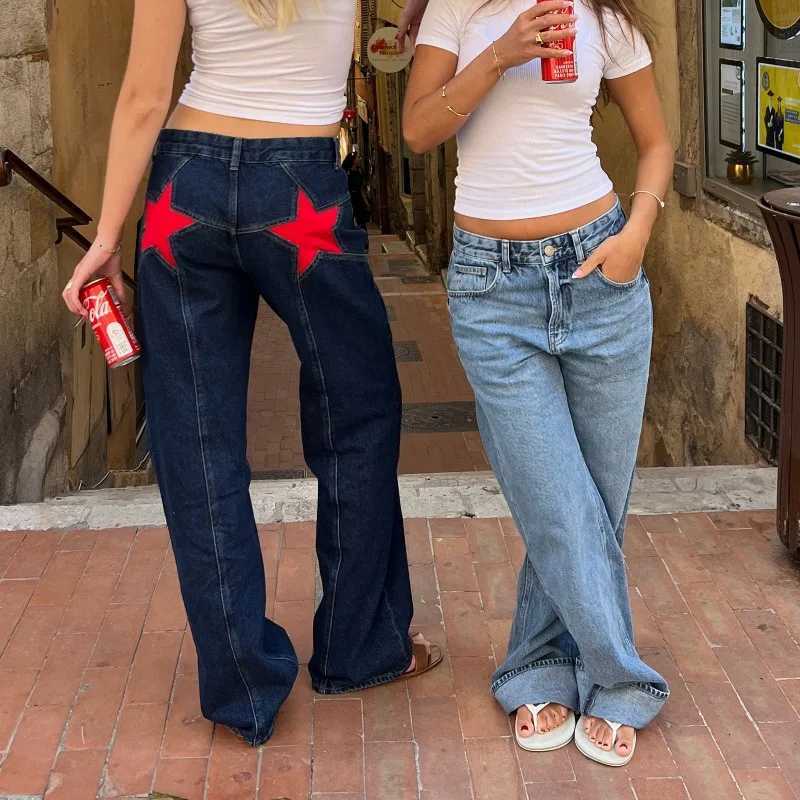 Classic Straight Jeans Women Spliced Five-pointed Star Low Waist Denim Pants Fall Winter 2025 Spice Girl Street Style Y2k JeansT260310