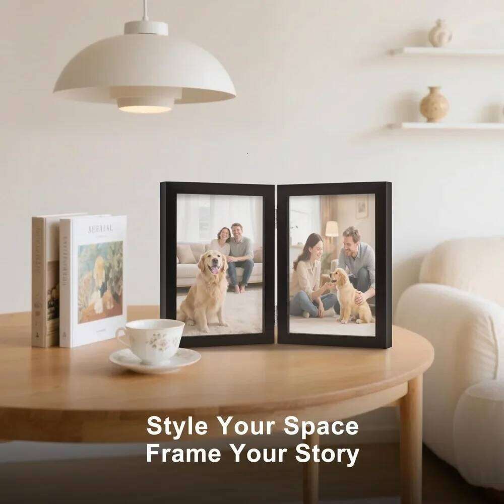 5x7 Double Picture Wooden Hinged Photo Frame Definition Glass Stand Vertically on Desktop or Tabletop Black H260310 - view 6
