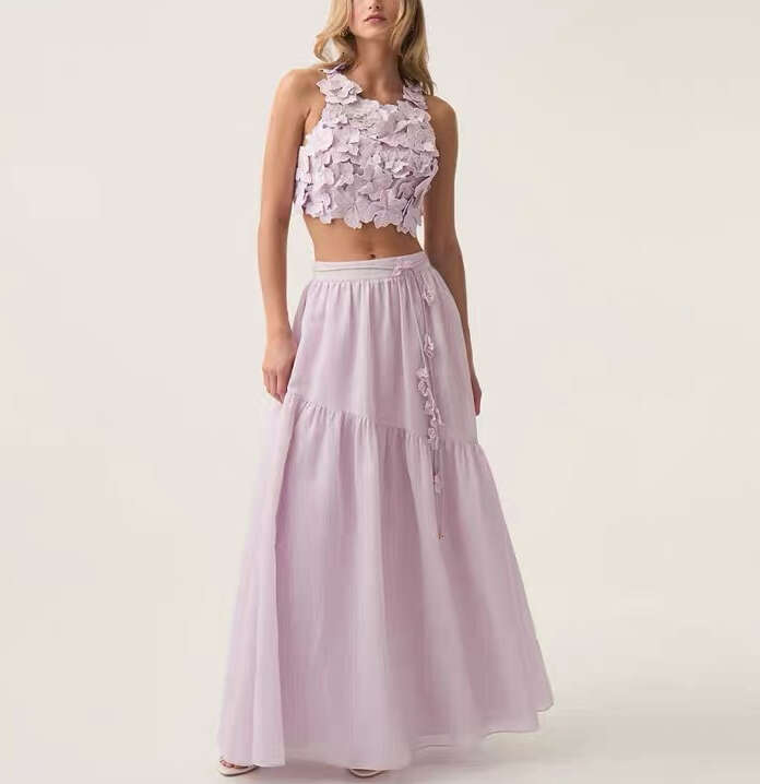 2026 new women's fashion brand designer three-dimensional flower vest high waisted long skirt vacation set