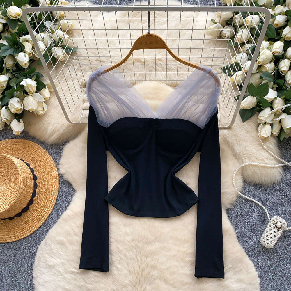 Designer spicy girl mesh patch long sleeved women's T-shirt for autumn 2026, high-end slim fit fashion base