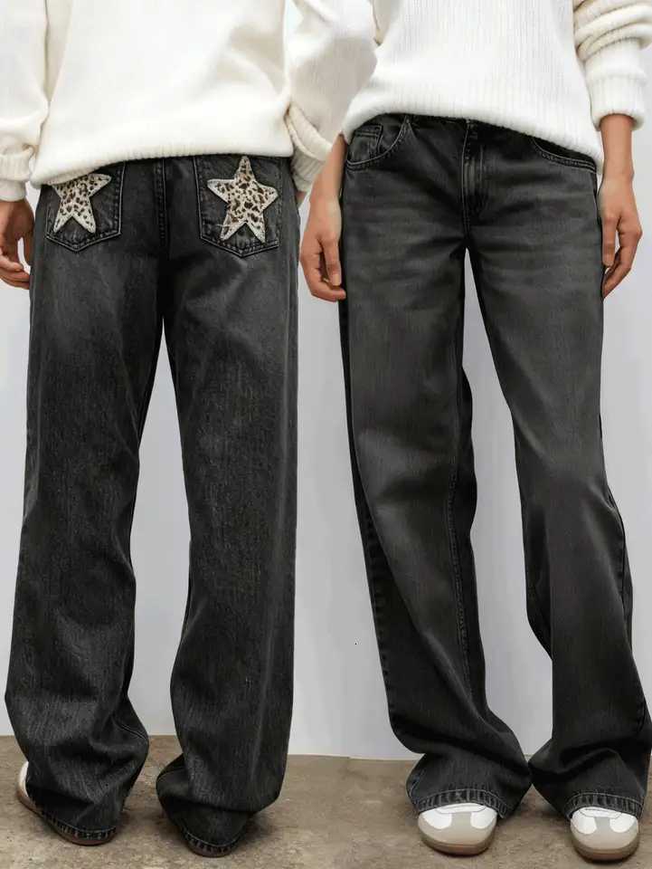 High-Quality Womens Black Jeans with Leopard Print and Star Pattern - Low-Rise Design Denim PantsT260310