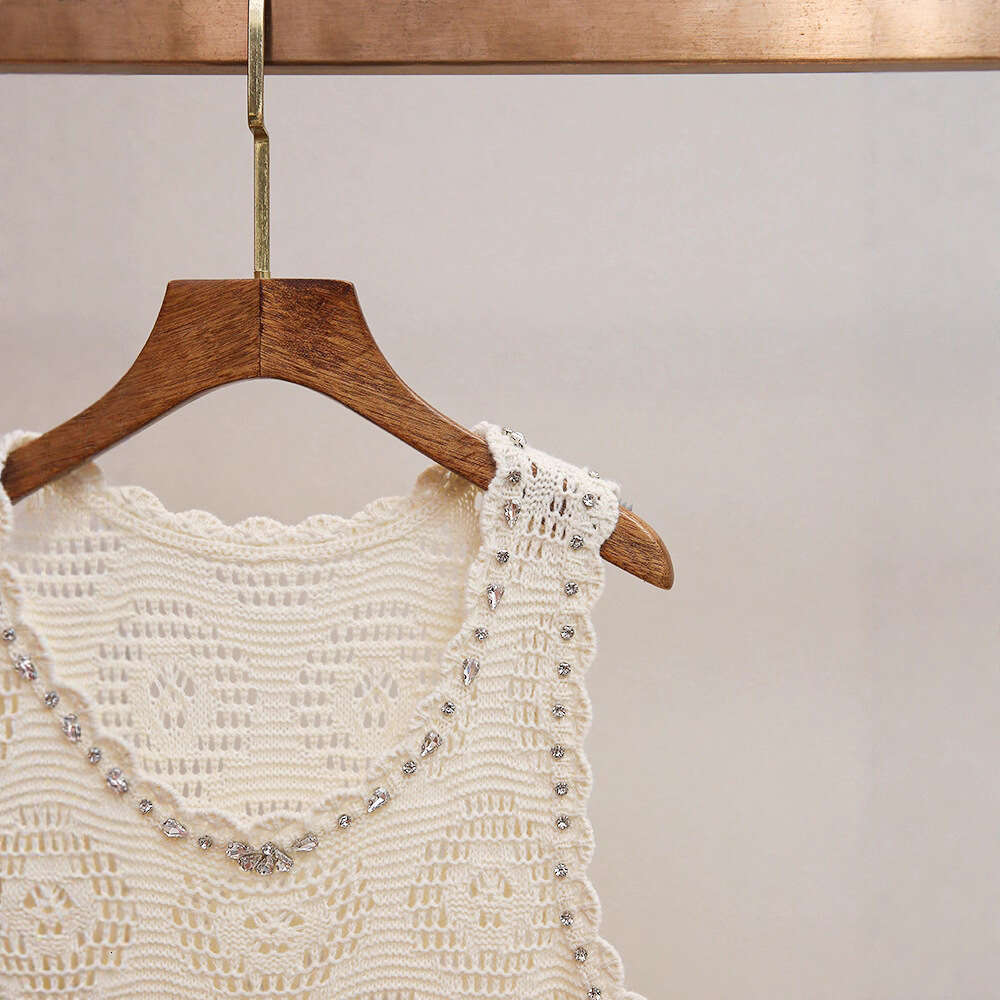 2026 designer high-end women's clothing autumn new style French crochet hollow rhinestone U-neck knitted dress