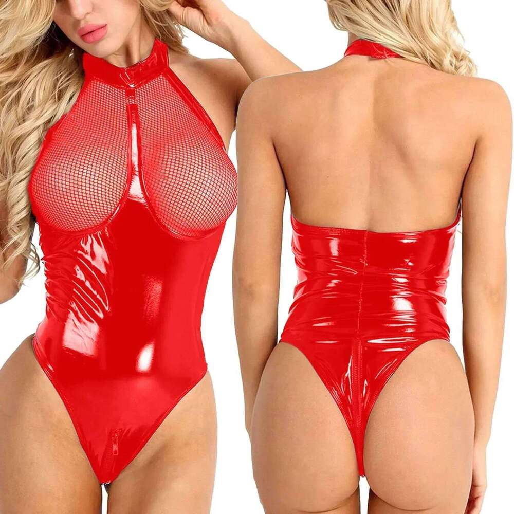 Black PU Latex Leather Backless Zipper Crotch Bodysuit for Women Sexy Lingerie Underwear Erotic Teddies Porn Exotic Costumes 26L0310