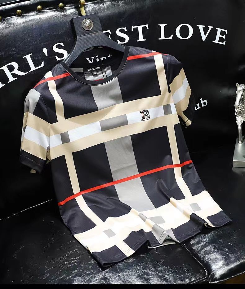 Clothes Luxury Designer European Station Cool Short Sleeve T-Shirt For Men Summer New Plaid Brand Print B Letter Personality 2026 Youth Trend Plus Siz