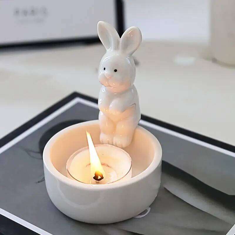 Warming Bunny Ceramic Cartoon Hands Its Paws Cute Holder Small Tea Light Candle Holders Scented H260310
